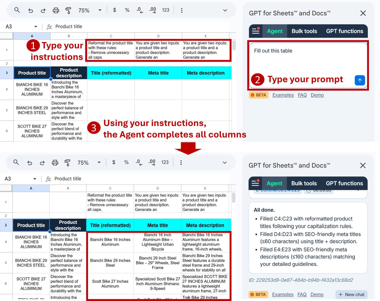 The Agent can run bulk tasks with per-column instructions in GPT for Sheets