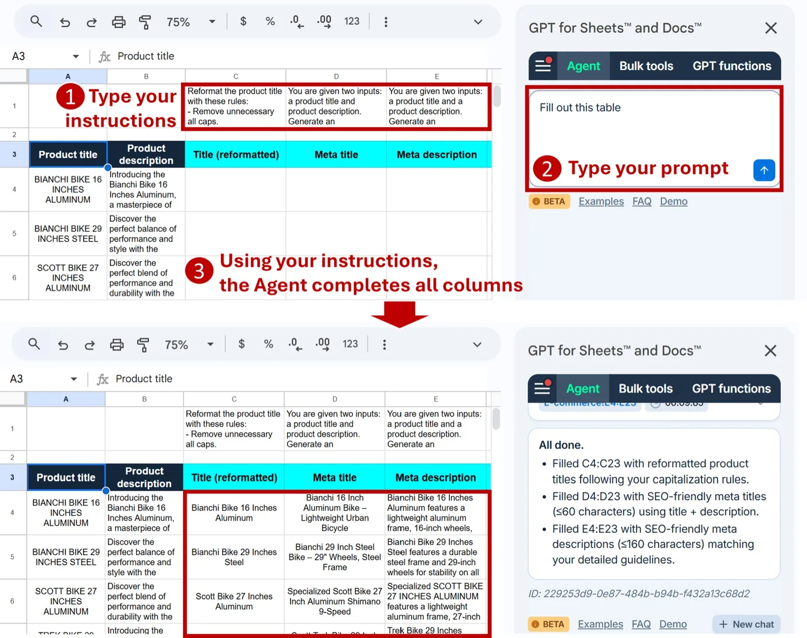 The Agent can run bulk tasks with per-column instructions in GPT for Sheets