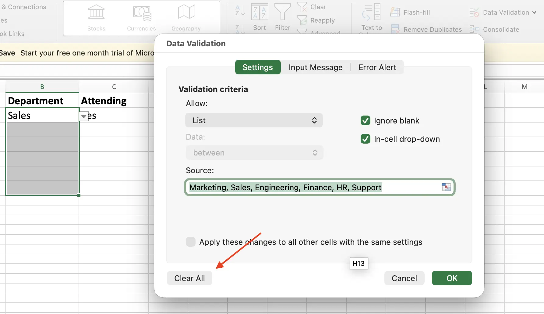 Clear all to remove dropdown list