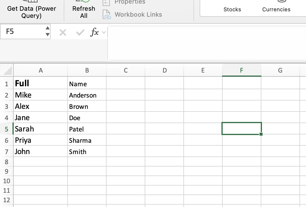 Names split into First Name and Last Name columns and sorted by last name