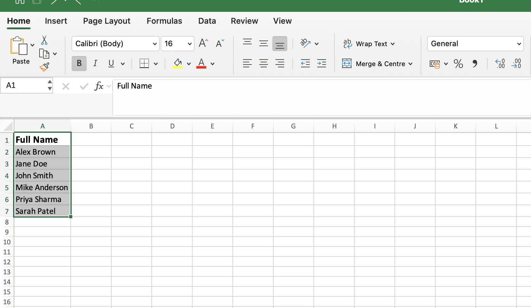 The Full Name column highlighted in Excel