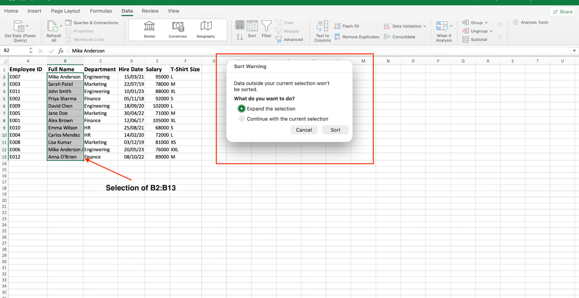 Excel Sort Warning dialog with Expand the selection and Continue with the current selection options