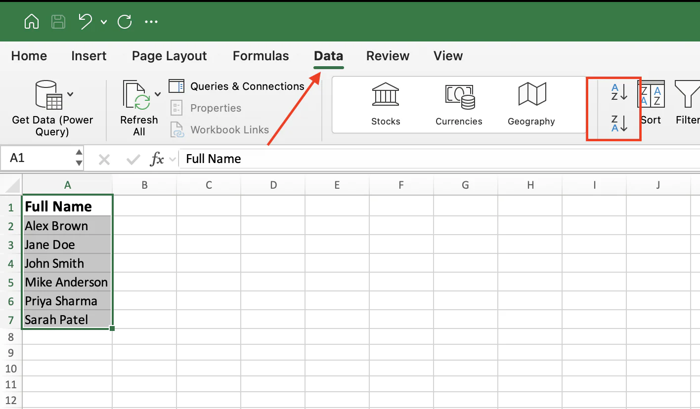 Sorting a column with the A to Z button on the Data tab in Excel