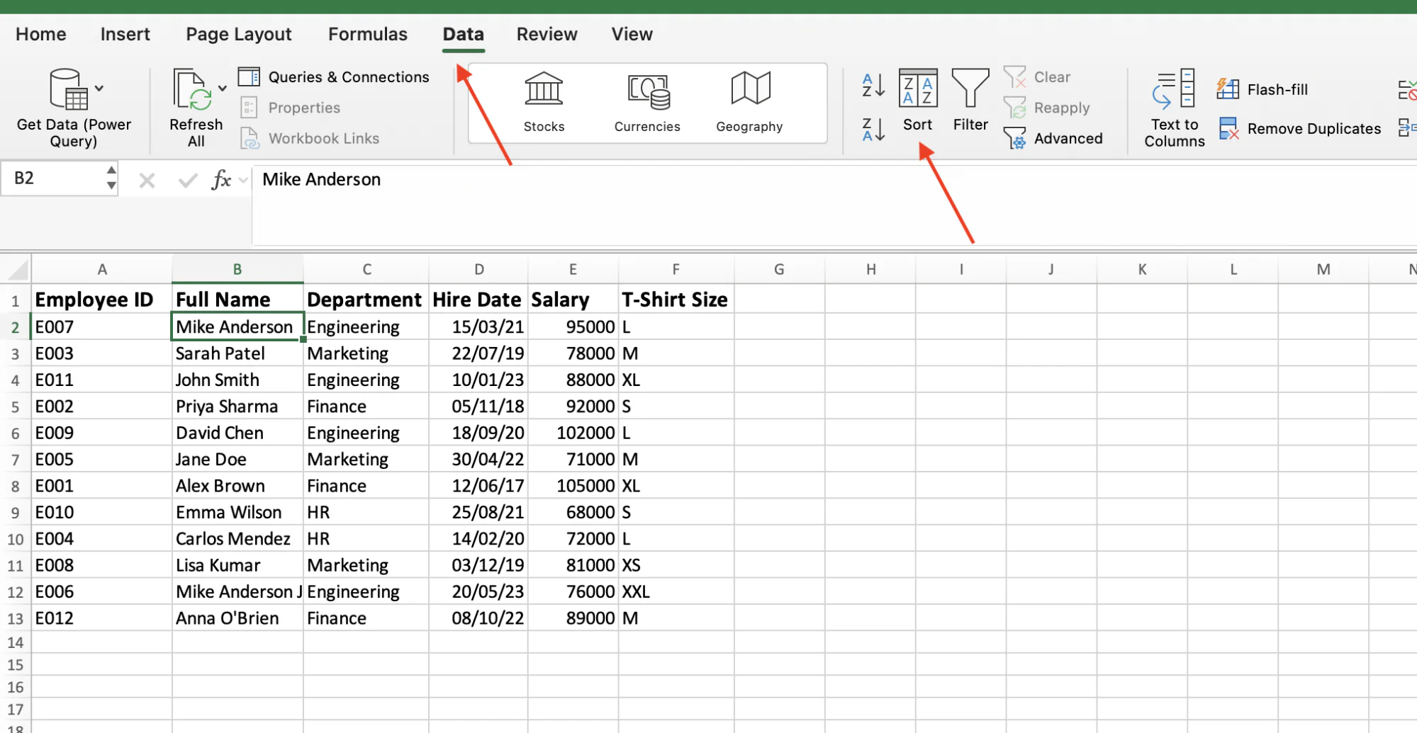 The Sort button on the Data tab in Excel