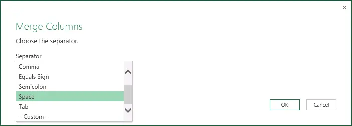 Power Query merge columns separator dialog