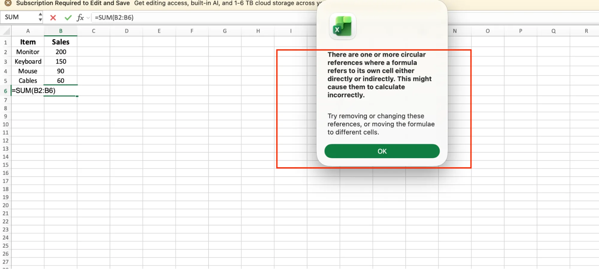 Excel warning that there are one or more circular references where a formula refers to its own cell