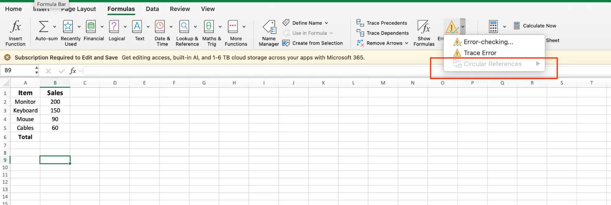 The Circular References option greyed out in the Excel Error Checking menu