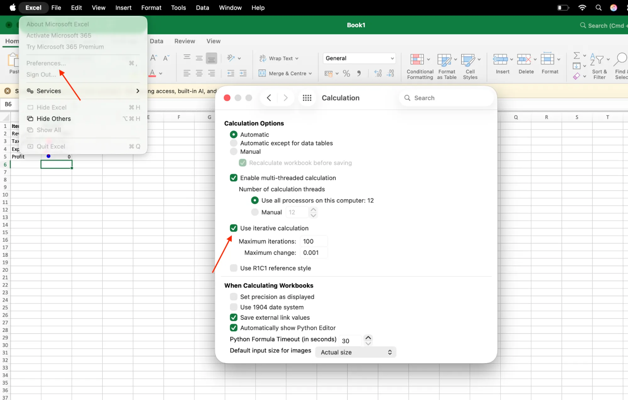 The Calculation preferences pane in Excel for Mac with Use iterative calculation enabled