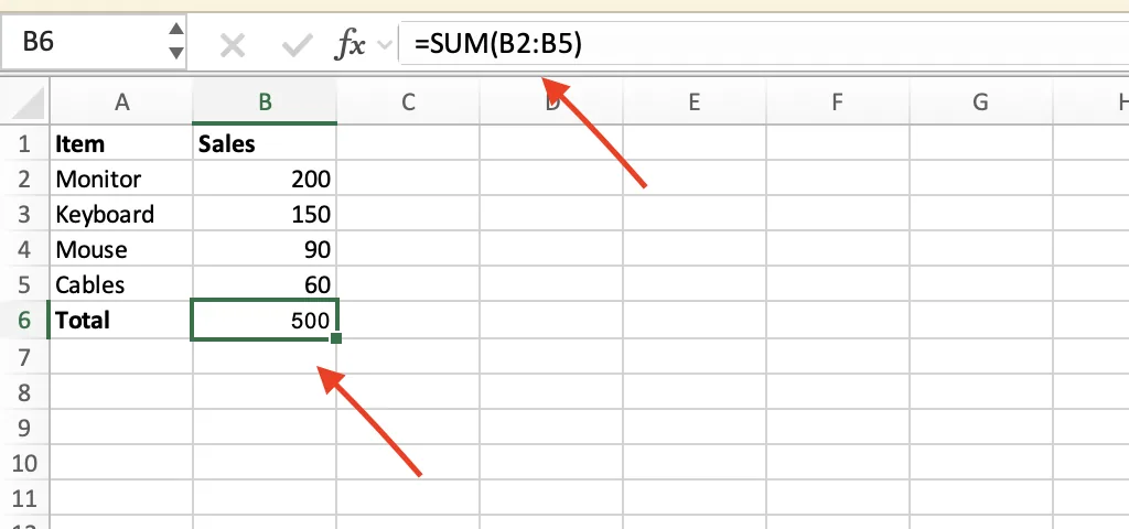 Excel total cell B6 corrected to =SUM(B2:B5), returning 500 instead of a circular reference