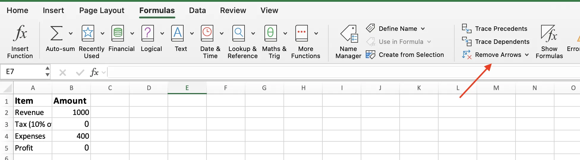 The Remove Arrows button on the Excel Formulas tab clearing the trace arrows