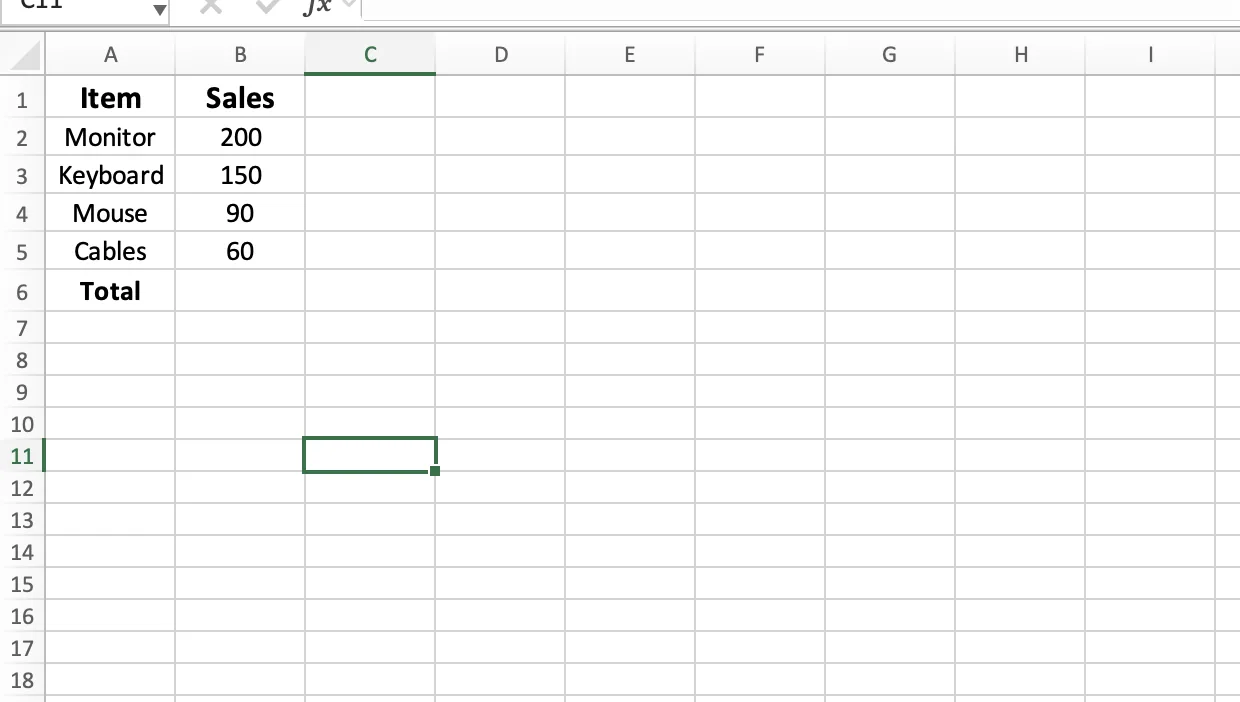 Excel sales table with items in column A, sales values in column B, and an empty Total row