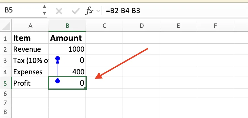 Cell B5 selected in Excel showing the formula =B2-B4-B3 in the formula bar