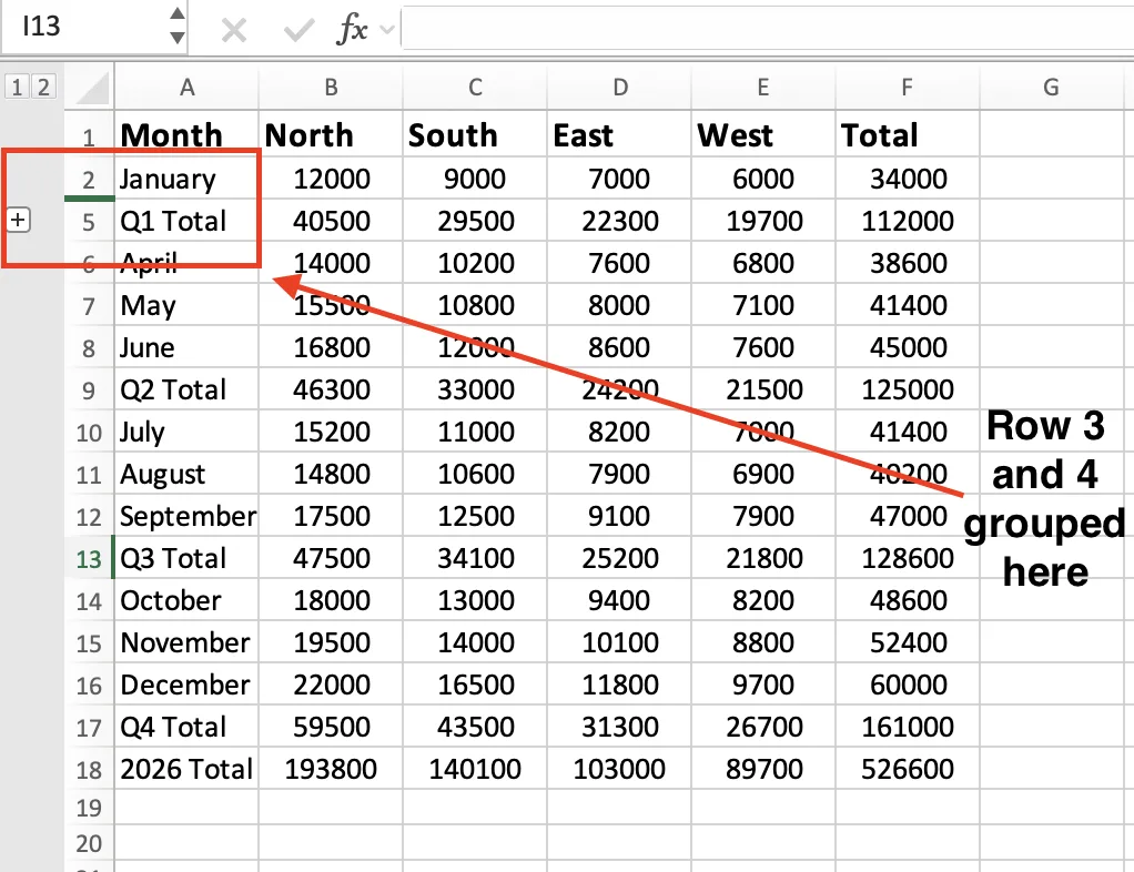 A row group in Excel with the plus and minus button in the left margin