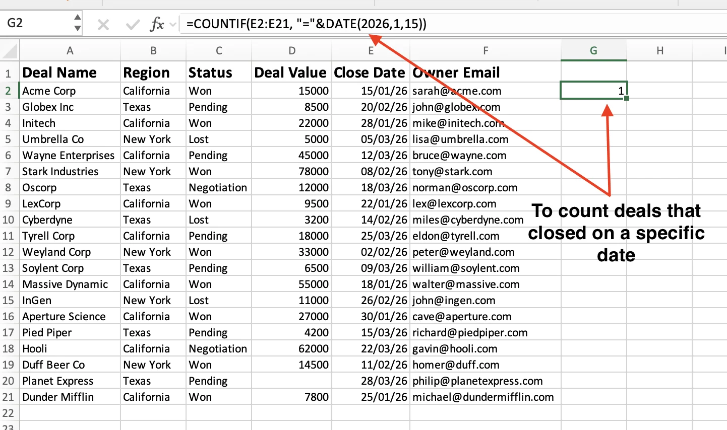 COUNTIF for a specific closing date in Excel