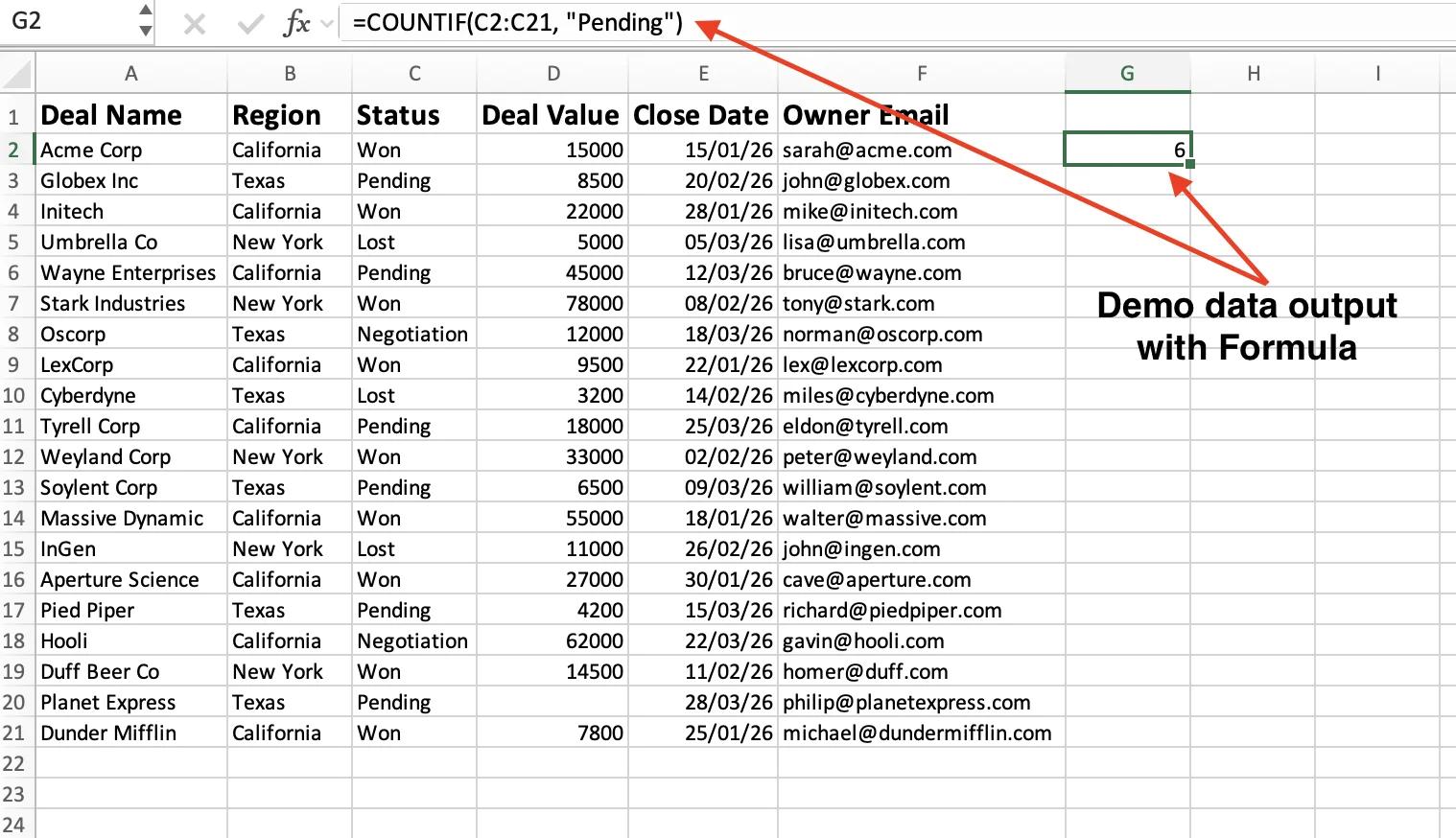COUNTIF counting deal statuses in Excel
