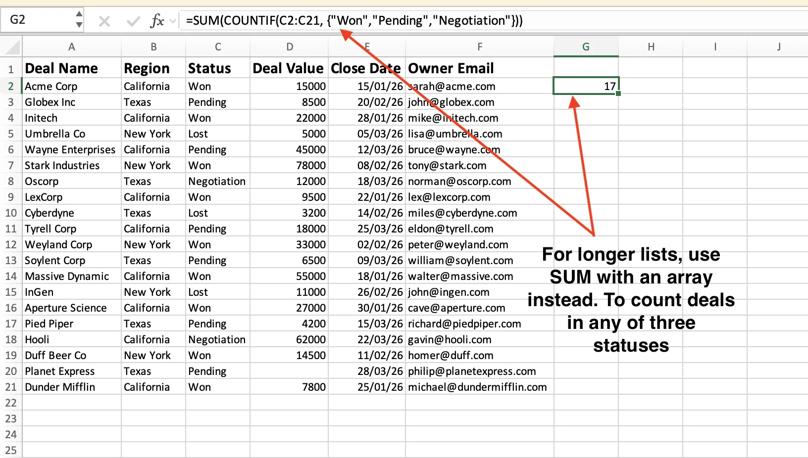 SUM with COUNTIF array for multiple statuses in Excel