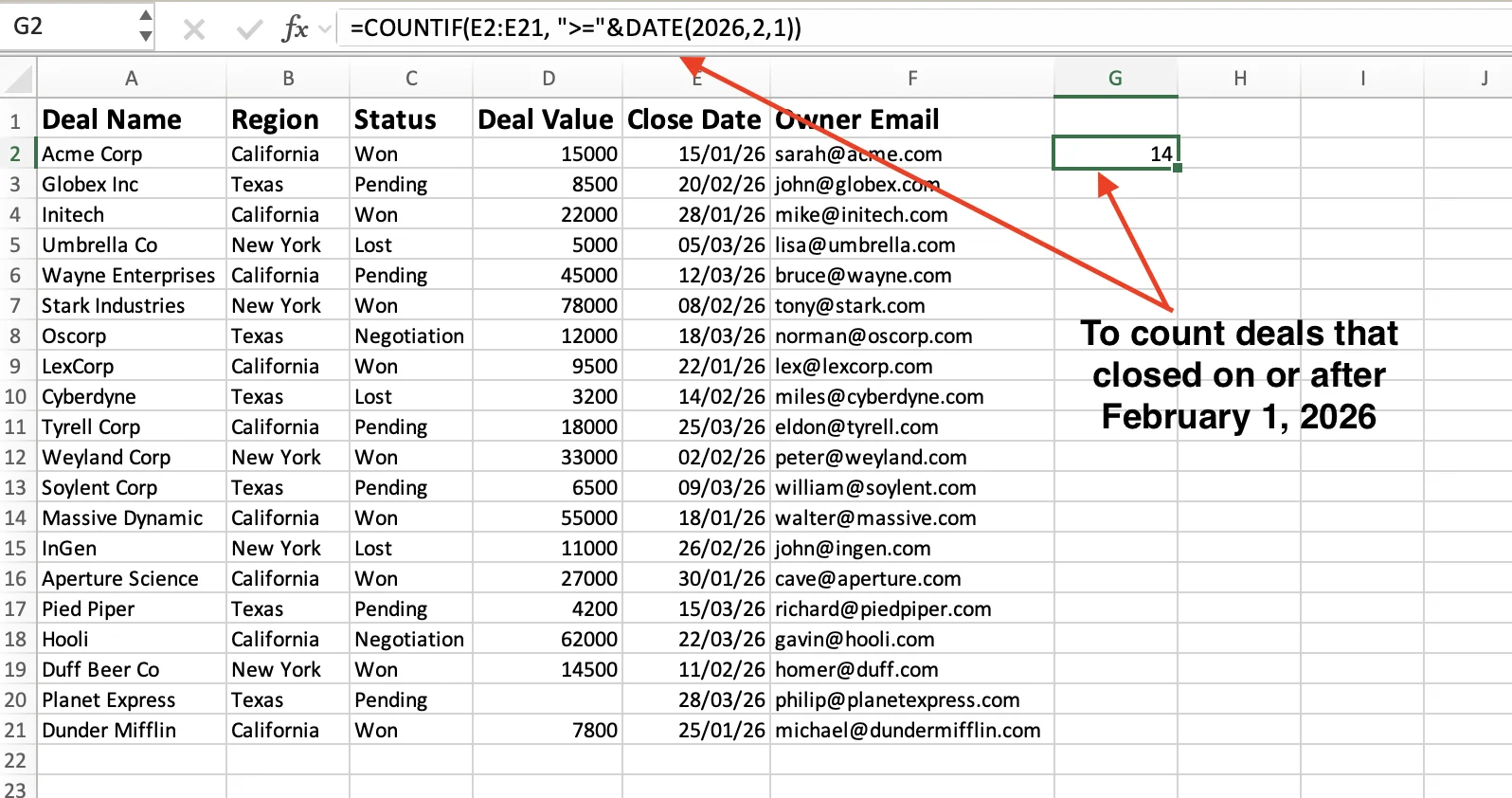 COUNTIF with DATE for on or after a specific date