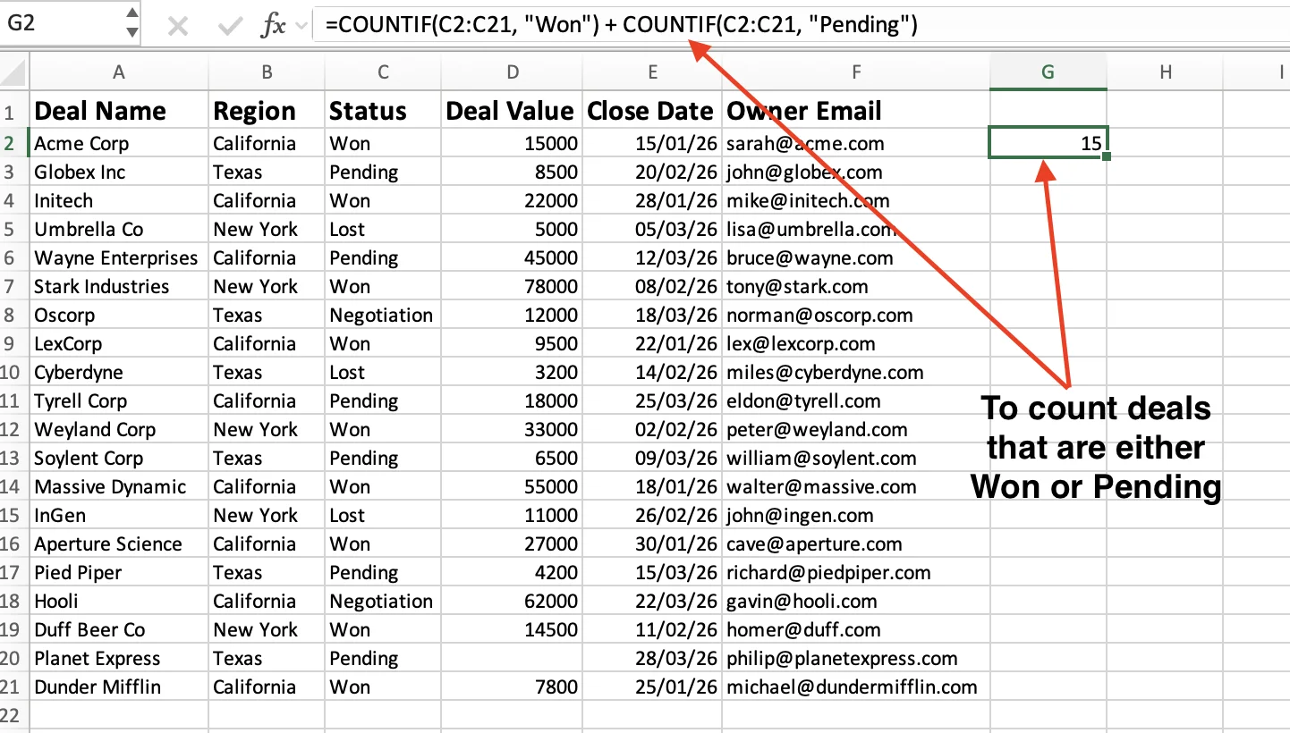 COUNTIF with OR logic by adding two COUNTIF formulas