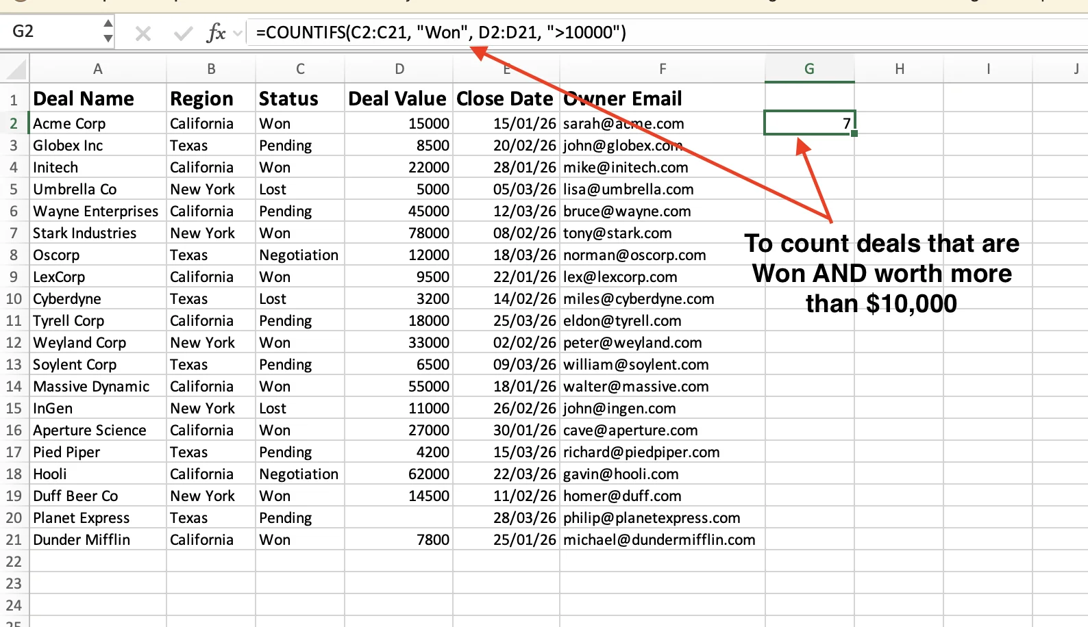 COUNTIFS with status and deal value in Excel