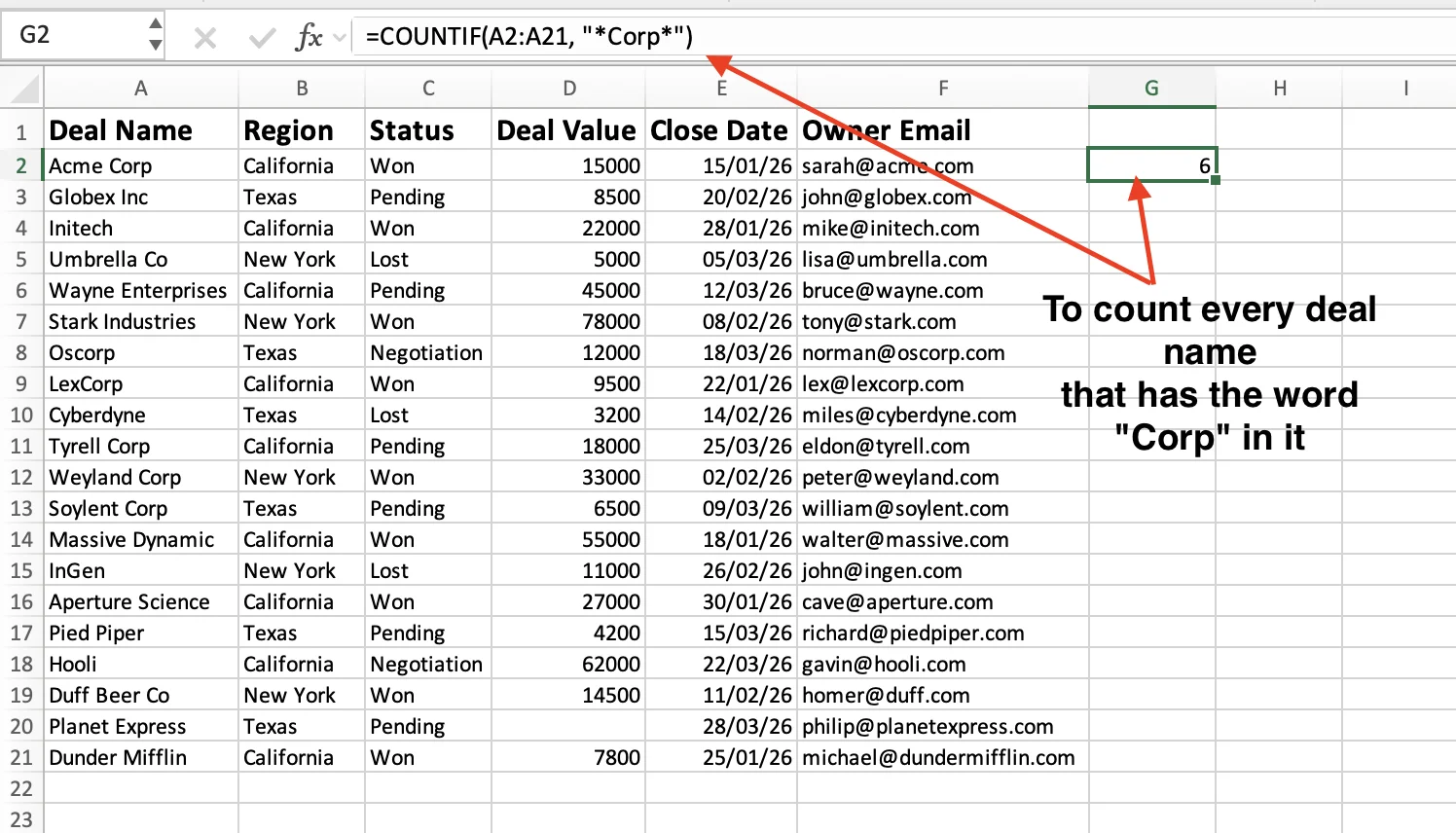 COUNTIF with wildcard partial text match in Excel