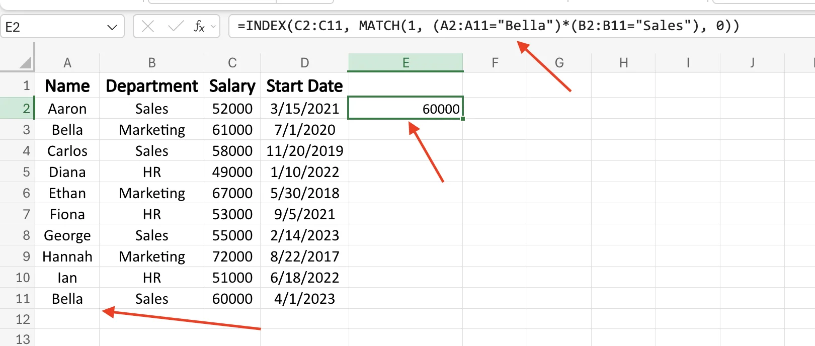 A single INDEX MATCH array formula that matches on both name and department