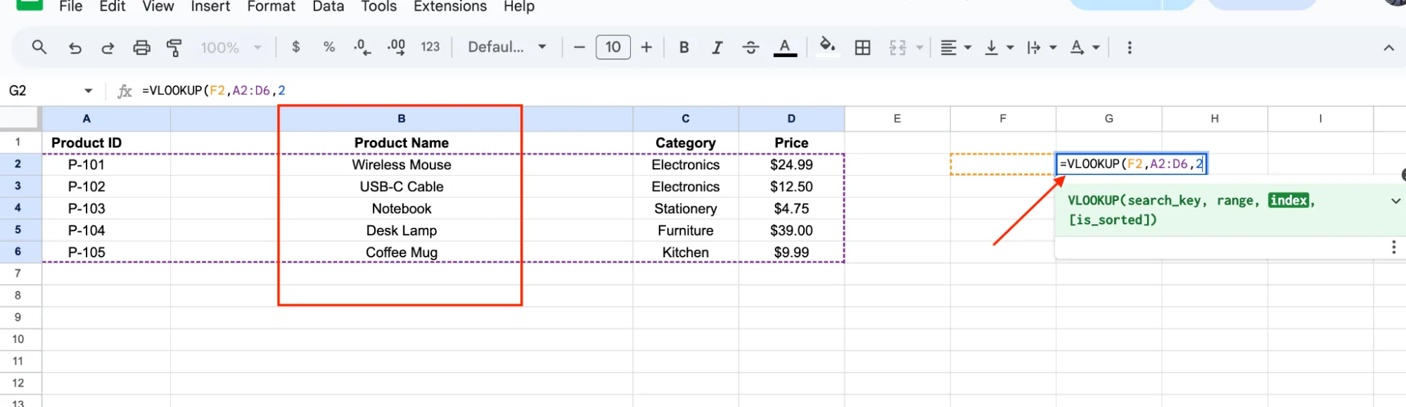 Typing the index number 2 to return the Product Name column