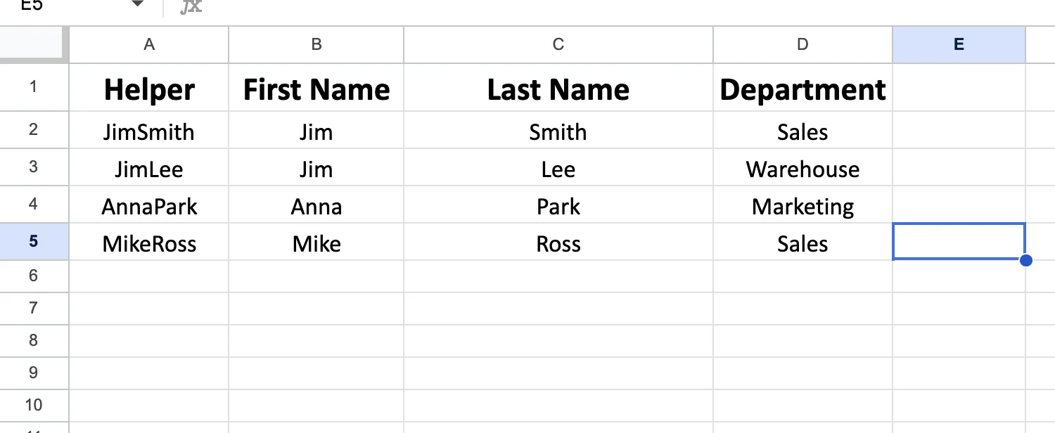An employee table with a Helper column joining First Name and Last Name