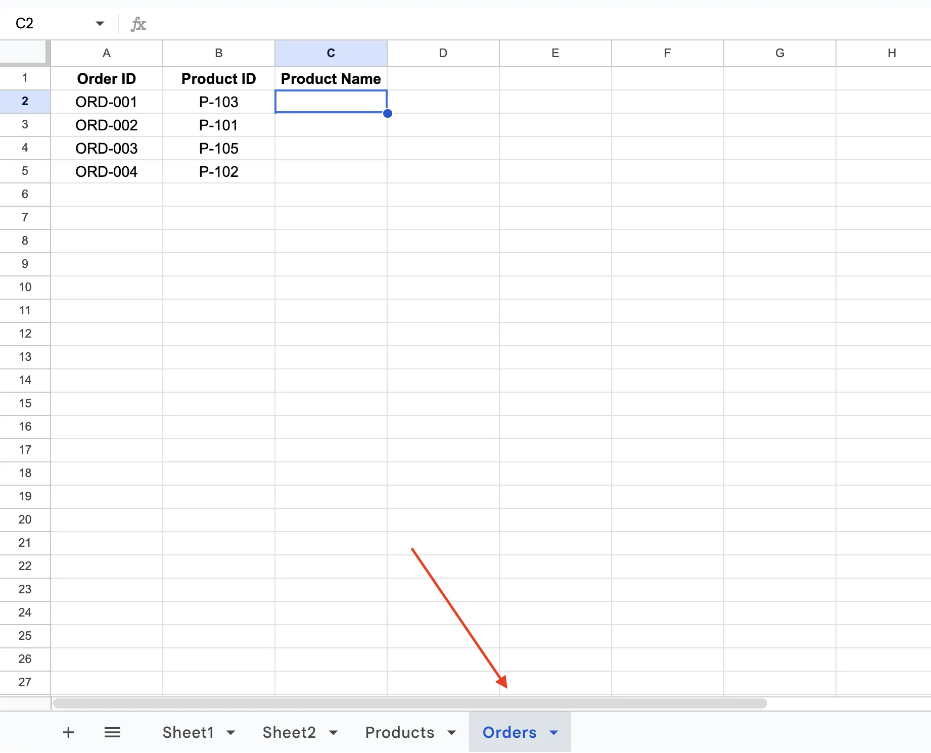 The Orders tab with Order ID, Product ID, and a blank Product Name column