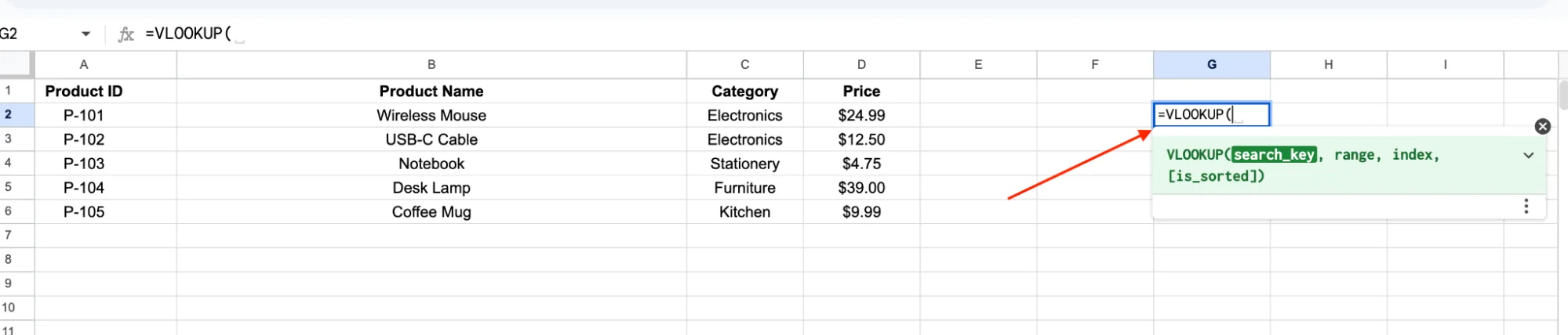 Starting the VLOOKUP formula with the argument tooltip showing