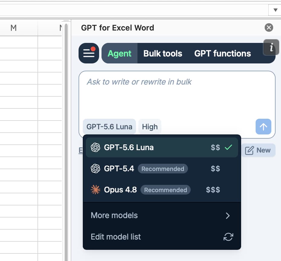 The Agent model switcher open in Microsoft Excel with GPT-5.6 Luna selected, above the More models and Edit model list options