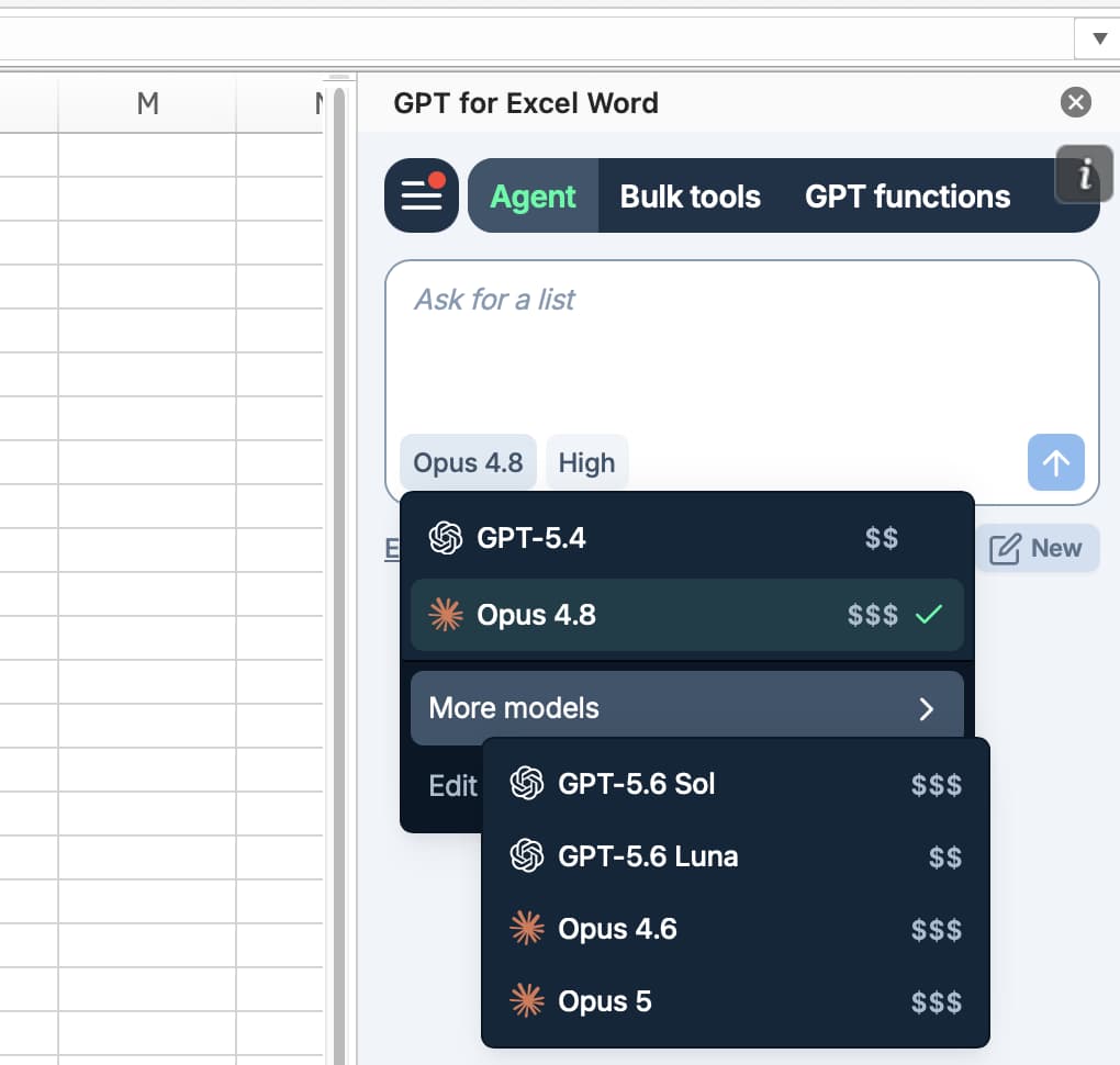 The Agent model switcher open in Microsoft Excel with Opus 4.8 selected, and More models expanded to show Opus 4.6 and Opus 5