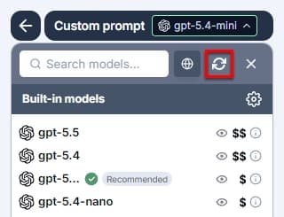 Refresh button in the bulk tools model switcher in GPT for Excel