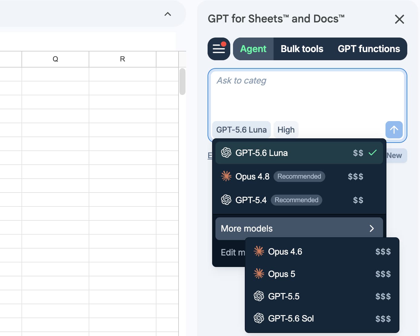 The Agent model switcher open in Google Sheets with GPT-5.6 Luna selected, and More models expanded to show GPT-5.5 and GPT-5.6 Sol
