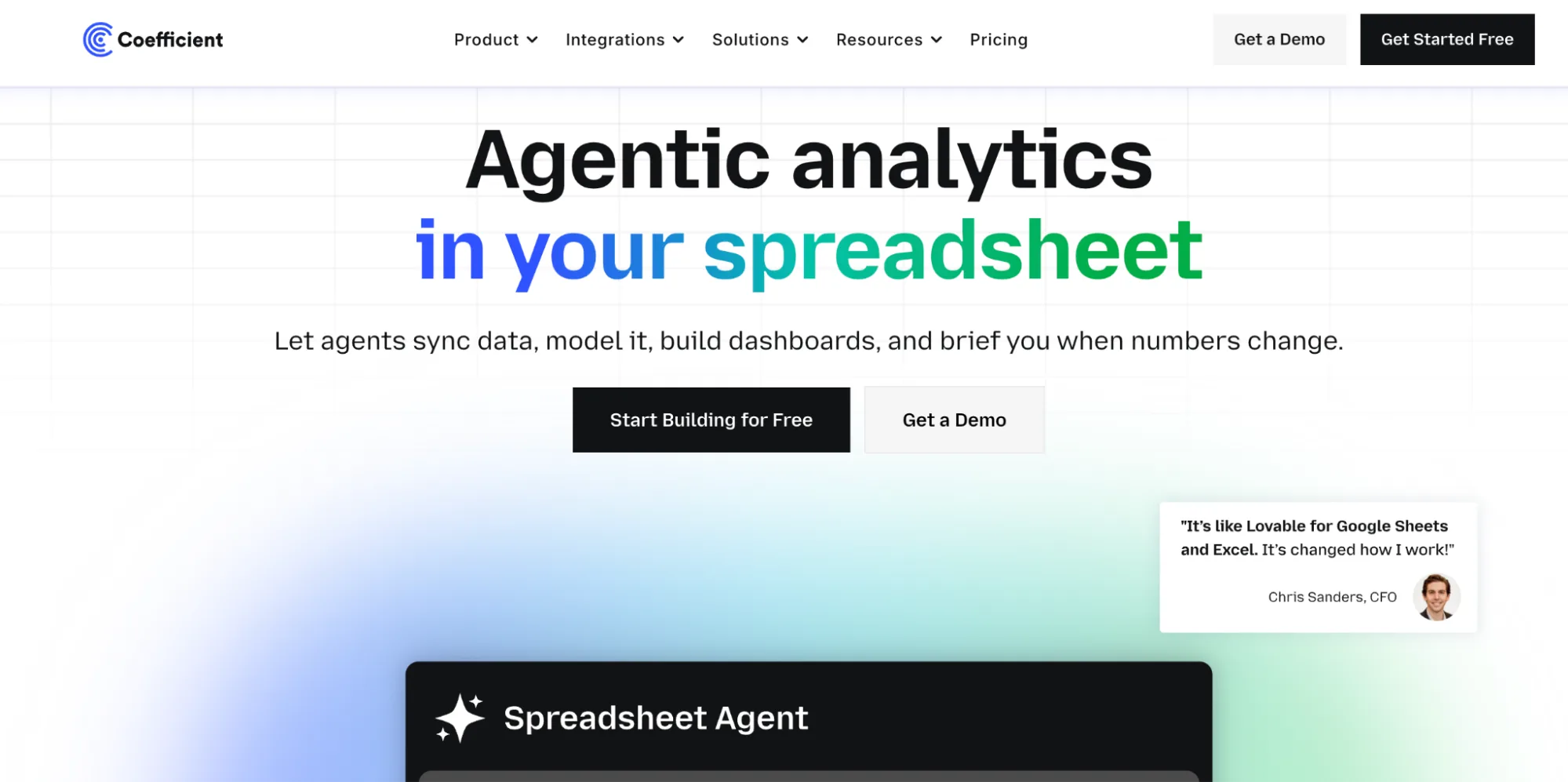 Coefficient homepage presenting agentic analytics that sync live data into Google Sheets and Excel