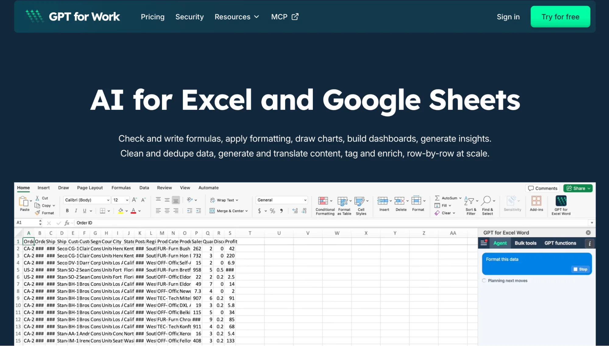GPT for Work homepage showing the agent panel open beside a spreadsheet in Excel