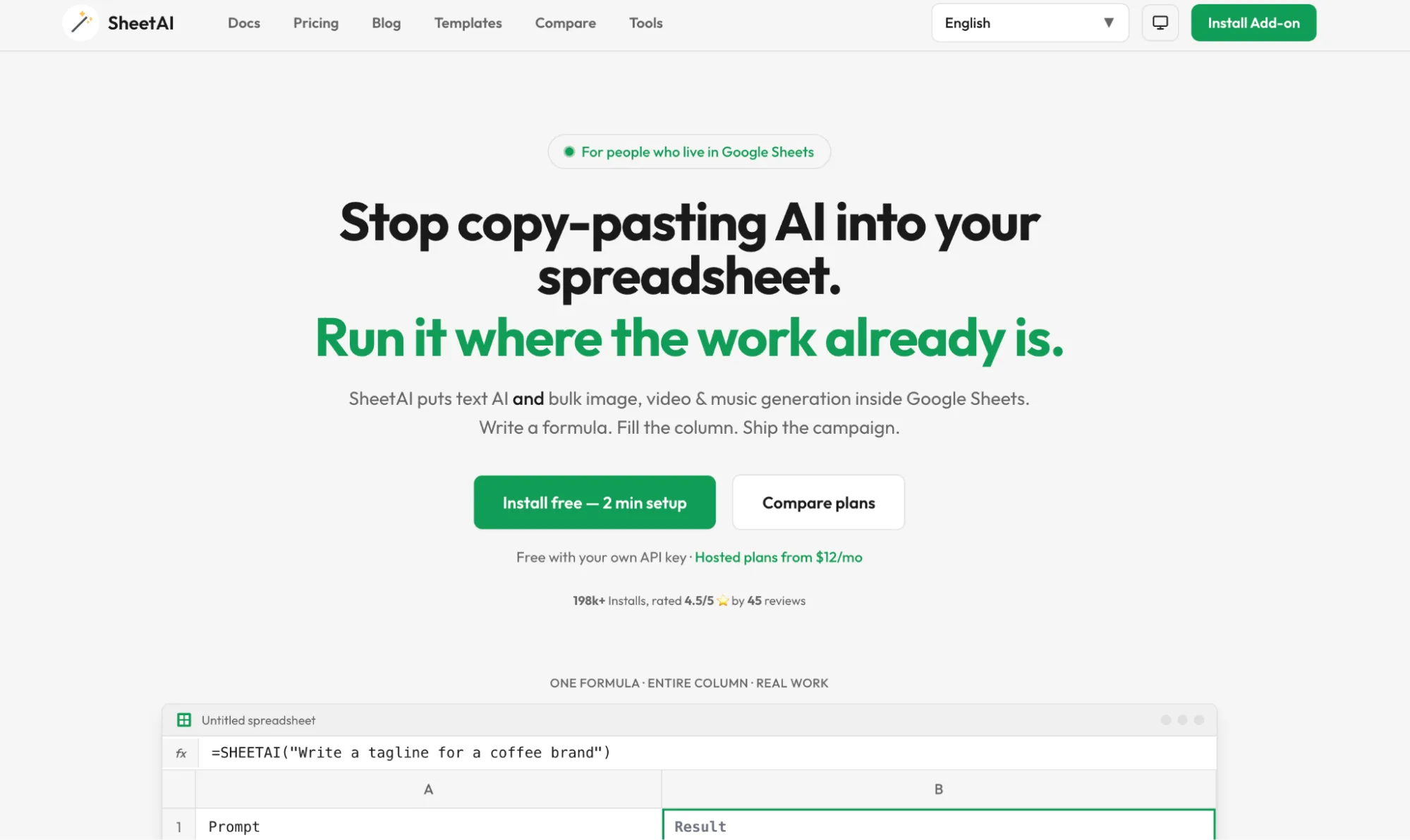 SheetAI homepage presenting text AI and bulk media generation inside Google Sheets