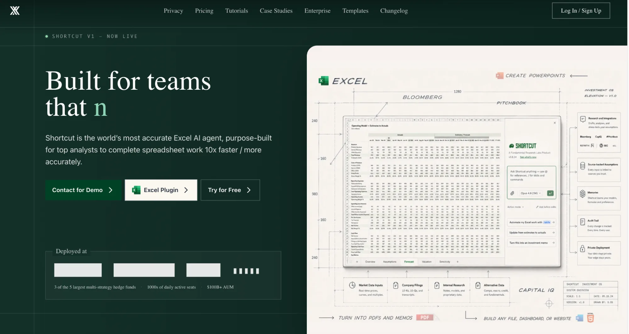 Shortcut AI homepage showing its Excel agent building a financial model