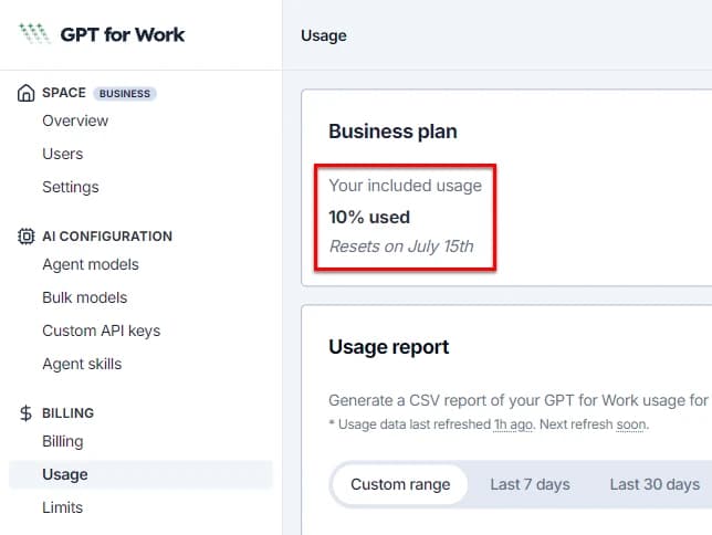 Monthly quota usage in the GPT for Work dashboard