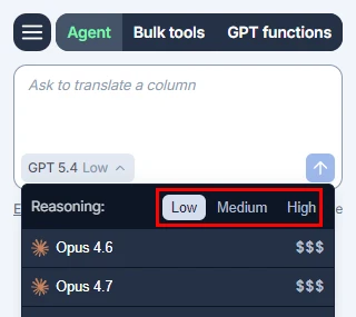 Setting the reasoning effort in the Agent model switcher in GPT for Excel