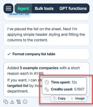 Usage statistics shown for an Agent run in GPT for Excel