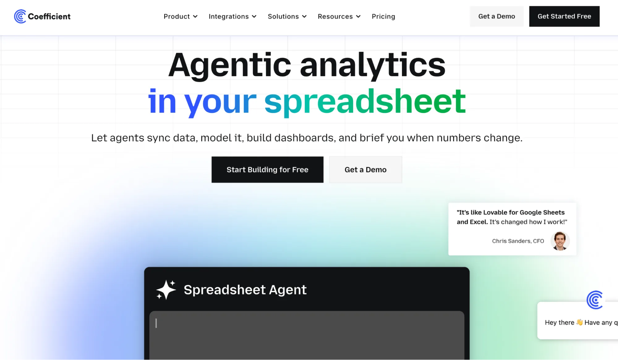 Coefficient homepage presenting agentic analytics that sync live data into Google Sheets and Excel