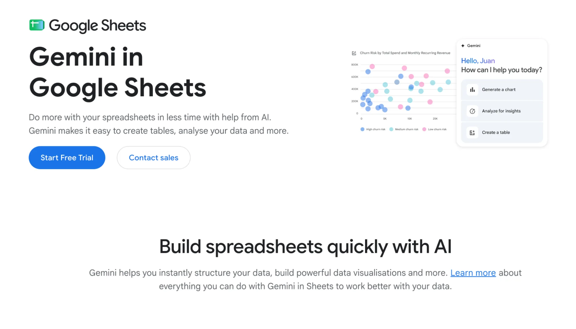Gemini in Google Sheets page showing the Gemini side panel suggesting charts, insights, and tables