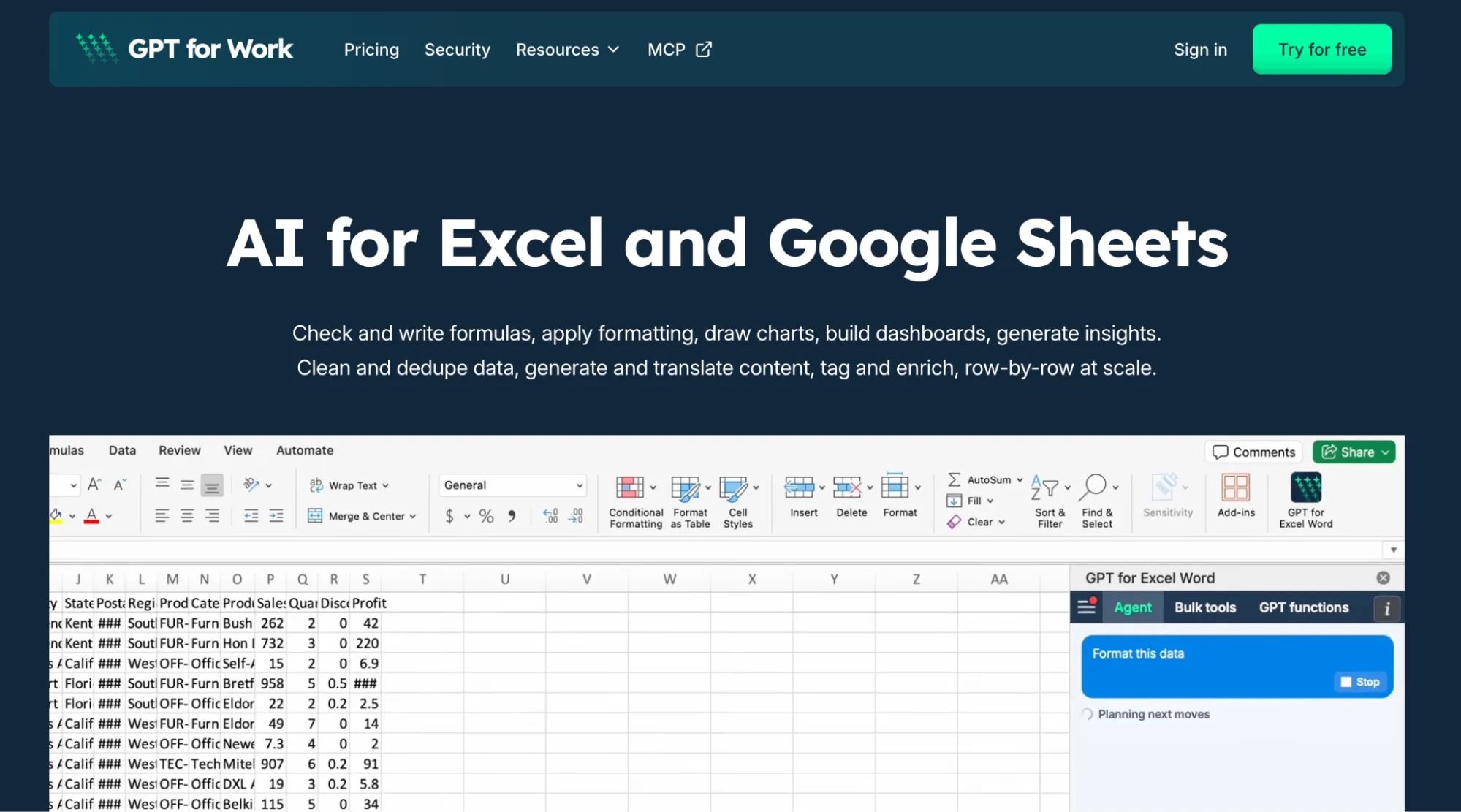 GPT for Excel homepage showing the agent panel open beside a spreadsheet in Excel