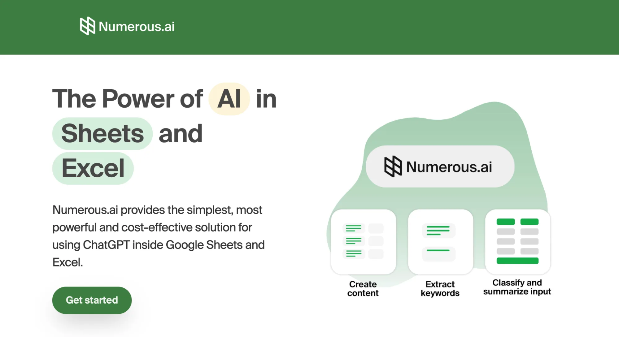 Numerous.ai homepage presenting ChatGPT inside Google Sheets and Excel