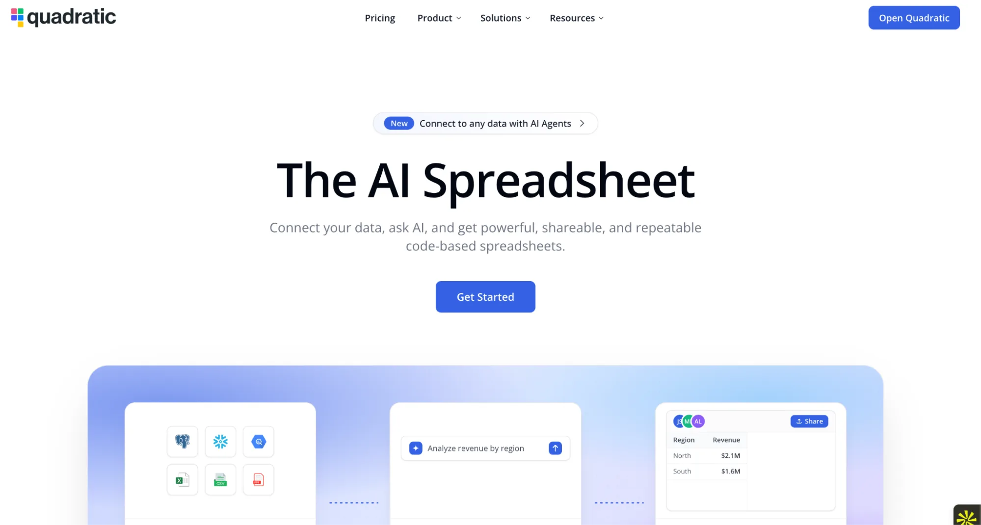 Quadratic homepage presenting the AI spreadsheet that connects data, AI, and code