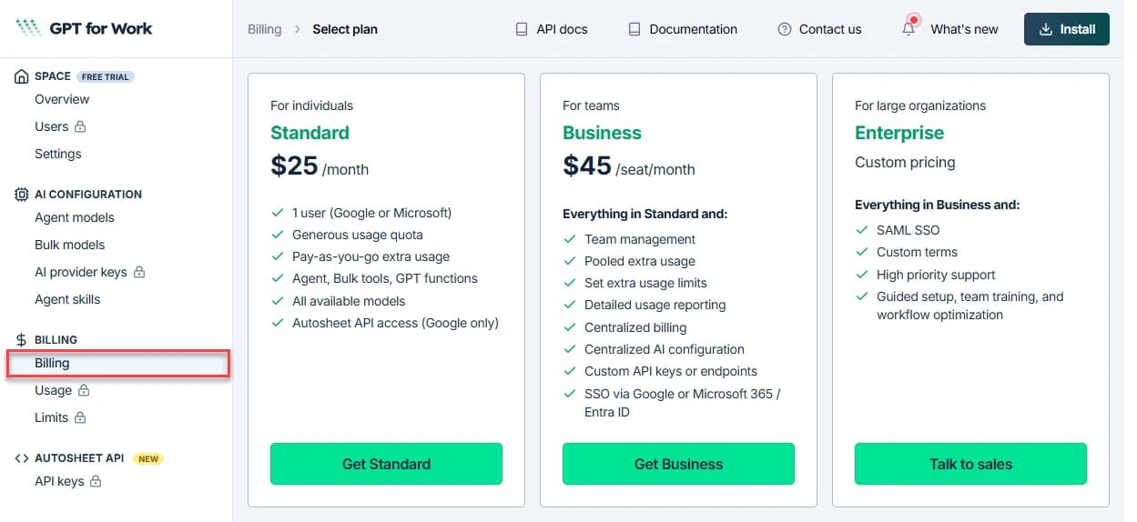 Billing page showing Standard, Business, and Enterprise plan options