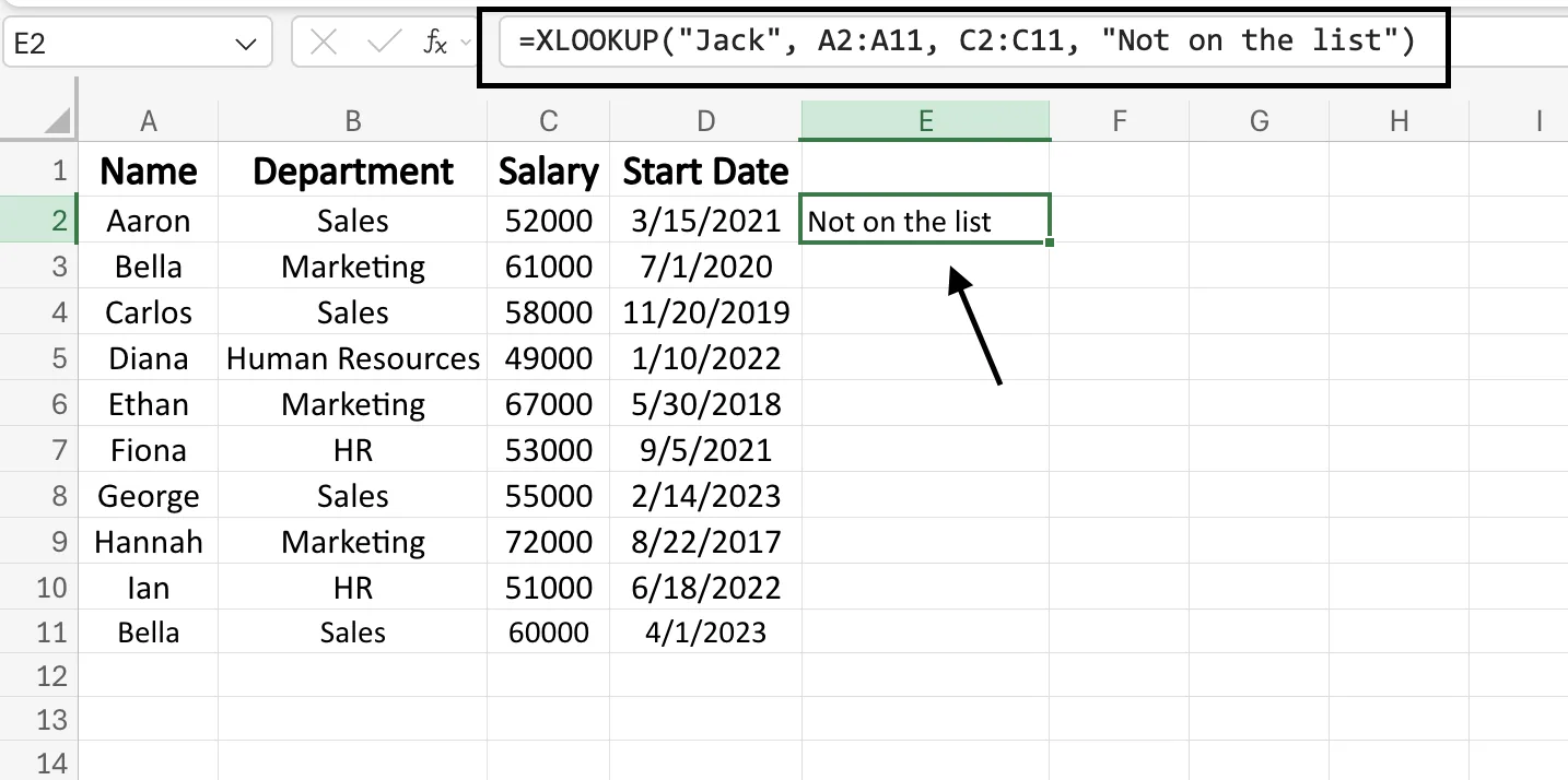 XLOOKUP showing 'Not on the list' for a name that isn't in the table, using its fourth argument