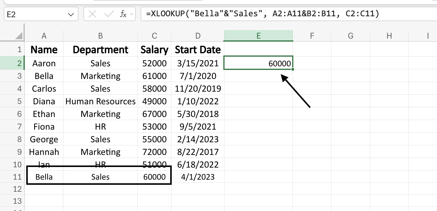 XLOOKUP matching on both name and department to return the salary for the Bella in Sales