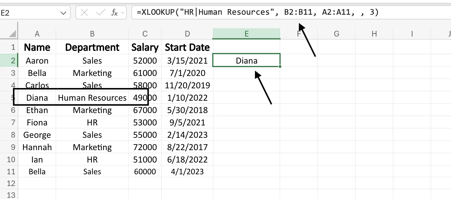 XLOOKUP using regex match mode to match both 'HR' and 'Human Resources' and return Diana