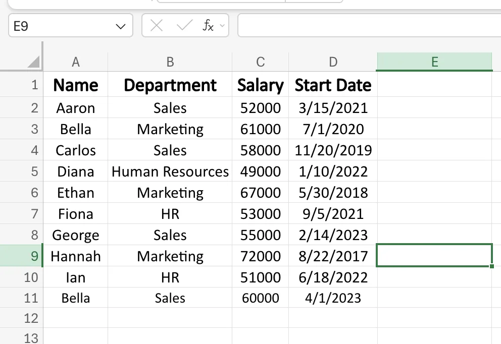 The employee table used in every example, with names, departments, salaries, and start dates in rows 2 to 11